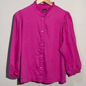 Gap, puff sleeve mock neck button up shirt in bright pink sz M 3/4 sleeve